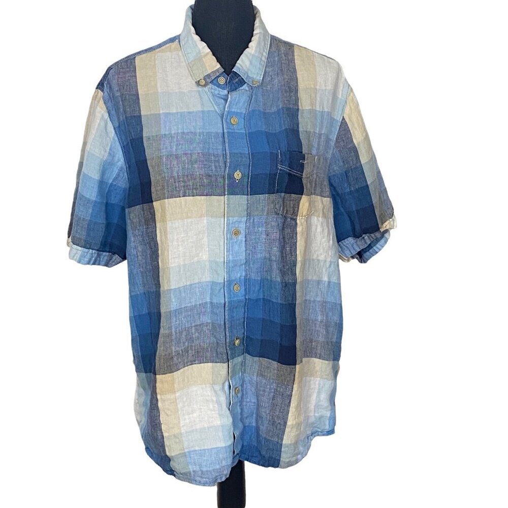 TOMMY BAHAMA Men Linen Button Front Short Sleeve Checker Shirt Sz L Blue 9-20